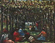 ‡ ANDREW VICARI (Welsh b.1932) oil on board - harvesters resting, 60 x 75cms Provenance: private