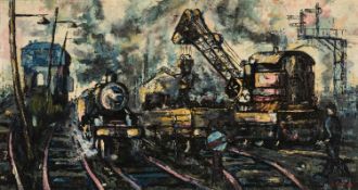 ‡ KEN LEWIS (Welsh 20th Century) oil on board - entitled verso 'Sun and Steam (Aberystwyth)', signed