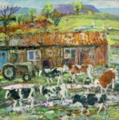 ‡ ALEX WILLIAMS (Welsh b.1942) oil on canvas - entitled verso 'Towards Milking', signed with