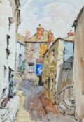 ‡ WILL EVANS (Welsh 1887-1957) watercolour - narrow street with figure, probably Polperro, Cornwall,