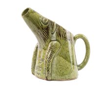 RARE EWENNY 'Y MOCHYN GWYLLT' ZOOMORPHIC JUG, speckled and plain two-tone green glazed terracotta,