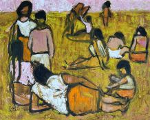 ‡ CLAUDIA WILLIAMS (British, lived / worked Wales 1933-2024) oil on board - figures on a beach,