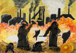 ‡ PETER GORSUCH (Welsh Contemporary) oil on board - entitled verso 'Our Welsh men of Steel',