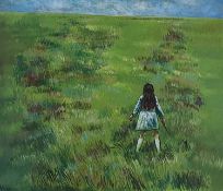 ‡ ANDREW VICARI (Welsh b.1932) oil on board - entitled verso, 'Young Girl in a Field', signed, 74