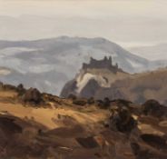 ‡ GARETH THOMAS (Welsh 1955-2019) acrylic - entitled verso, 'Carreg Cennen, Grey Day' on Fountain
