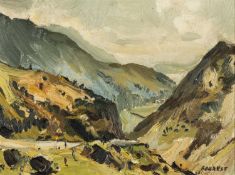 ‡ EDWIN (ED) FORREST (British, worked / lived Wales 1918-2002) oil on board - Eryri landscape with