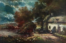 ‡ ANDREW VICARI (Welsh b.1932) oil on board - entitled verso, 'Cottages by a Lake in Wales', signed,
