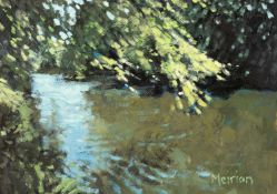 ‡ MEIRION JONES (Welsh b.1966) acrylic on board - river and trees in shaft of sunlight, signed, 29 x