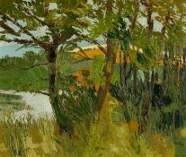 ‡ GWILYM PRICHARD (Welsh 1931 - 2015) oil on canvas - landscape with river and trees, 50 x 60cms