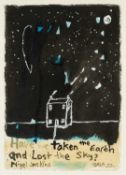 ‡ IWAN BALA (Welsh b.1956) mixed media - illustration of a house against a starry night with quote
