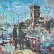 ‡ MEIRION JONES (Welsh b.1966) acrylic on board - entitled verso, 'Marina Abertawe /Swansea Marina',