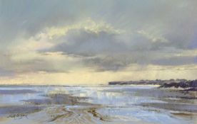 ‡ KEITH SHONE (Welsh b.1931) mixed media - coastal scene at Red Wharf Bay on cloudy day, signed,