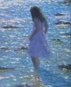 ‡ STEVEN JONES (Welsh 1959 - 2017) oil on canvas - entitled 'Merch yn y Mor', signed, 29 x 24cms