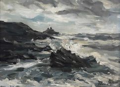 ‡ VALERIE GANZ (Welsh 1936 - 2015) oil on canvas - storm over Mumbles lighthouse, signed and