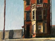 ‡ MARK SAMUEL (Welsh b.1956) oil on canvas - street scene with a single multi-storey building,