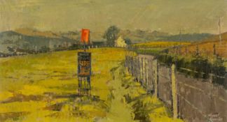 ‡ HYWEL HARRIES (Welsh 1921-1990) oil on board - Ceredigion landscape with fire-safety sign and