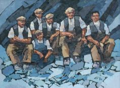 ‡ IFOR PRITCHARD (Welsh 1940-2010) oil on canvas - portrait of six quarrymen posing as though for