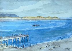 BUDDUG ANWYLINI PUGHE (Welsh, 1856-1939) watercolour – Aberdyfi jetty, signed and dated 1929, 17 x