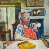 ‡ MEIRION JONES (Welsh b.1966) acrylic on board - portrait of Luned Roberts de Gonzalez from the