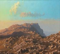 ‡ DAVID WOODFORD (English. Works Wales b.1938) oil on canvas - entitled verso 'Aran Benllyn',