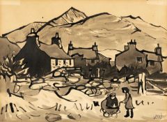 ‡ SIR KYFFIN WILLIAMS RA (Welsh 1918-2006) ink and wash - two figures with infant's pram before