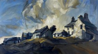 ‡ AUDREY HIND oil on panel - old Welsh farm under stormy sky, signed, 48.5 x 89.5cms Provenance: