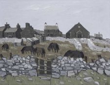 ‡ SIR KYFFIN WILLIAMS RA (Welsh 1918-2006) oil on canvas - five ponies in Ynys Mon (Anglesey)