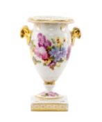 SWANSEA PORCELAIN VASE, of classical form, painted with flowers, the shoulders with gilt ram's