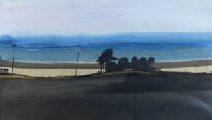 ‡ ROGER CECIL (Welsh b.1942) mixed media - landscape, trees and telegraph poles, 28.5 x 50cms