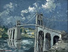 ‡ CHARLES WYATT WARREN (Welsh 1908-1993) oil on board - entitled verso 'Menai Suspension Bridge from