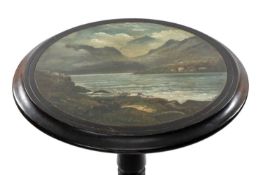 VICTORIAN WELSH SLATE TOP TRIPOD TABLE having a circular moulded slate top painted with mountains of