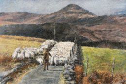 ‡ KEITH BOWEN (Welsh b.1950) pastel - entitled verso 'Homeward Sheep', signed, 36 x 54cms