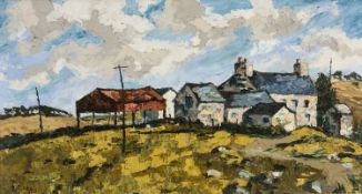 ‡ KEN LEWIS (Welsh 20th Century) oil on board - entitled verso 'The Red Barn (Near Rhyd-y-felin)',