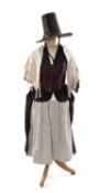 VINTAGE WELSH LADIES' COSTUME, including 'chimney' tapered beaver hat, red and black striped betwyn,