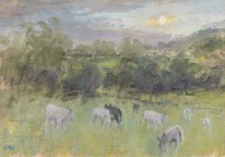‡ DIANA ARMFIELD RA (British b.1920) oil on board - entitled verso 'Moonrise over the Berwyns' on
