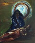 ‡ ANDREW VICARI (Welsh 1932-2016) oil on canvas - entitled verso 'The Vigil', signed, dated verso