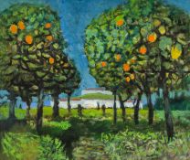 ‡ JOHN ELWYN (1916-1997) oil on canvas - 'Orange Grove, near Seville', dated 1989, studio stamp,