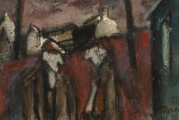 ‡ MIKE JONES (Welsh 1941-2022) mixed media - entitled verso on Attic Gallery label, 'Figures in