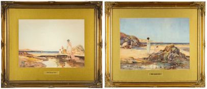 ‡ WILL EVANS (Welsh 1888-1957) pair of rare early watercolours- beach scenes with figures,