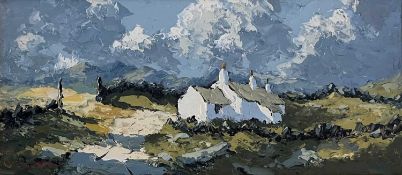 ‡ CHARLES WYATT WARREN (Welsh 1908-1993) oil on board - whitewashed cottage, lane and blue skies,