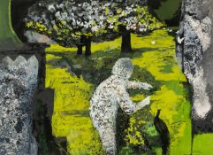 ‡ JOHN ELWYN (Welsh 1916-1997) acrylic on paper - 'Afternoon in the Garden', signed and dated