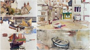 ‡ WILL EVANS (Welsh 1887-1957) five watercolours - harbour village scenes, each 38 x 56cms