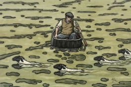 ALAN WILLIAMS acrylic - figure in coracle, entitled verso 'Sheep Dipping', signed, 36 x 53cms