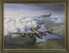MILITARY / AVIATION CLUB HOUSE: J. OWEN oil on canvas - Lancaster bombers over a lake, signed, 75