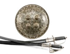 MILITARY / AVIATION CLUB HOUSE: INDIAN DAMASCENED DHAL BUCKLER / SHIELD, inlaid foliate