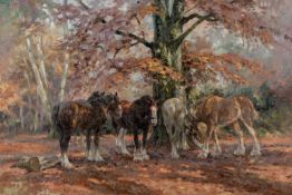 ‡ ROSEMARY SARAH WELCH (British, b.1946) oil on canvas - Autumn Light, four ponies foraging in