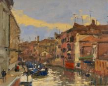 ‡ KEN HOWARD RA (British b.1932) oil on canvas board - entitled verso 'Rio dei Mendicanti, Venice'