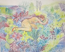 ‡ FRED YATES (British, 1922-2008) watercolour - reclining nude amongst flower border, unsigned, 40 x
