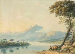 ROBERT VARLEY (British, 1778-1842) watercolour - 'An Italian Lake', seated figure to the fore with