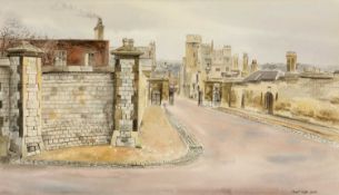 ‡ DAVID TINDLE RA (British b.1932) watercolour - street scene with gate leading to Windsor Castle,